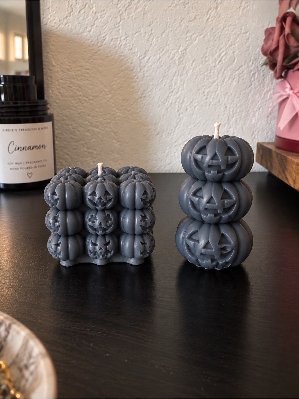 Handmade Blue Charcoal Jack O Lantern Pumpkin Candle Set Halloween Fall Decor